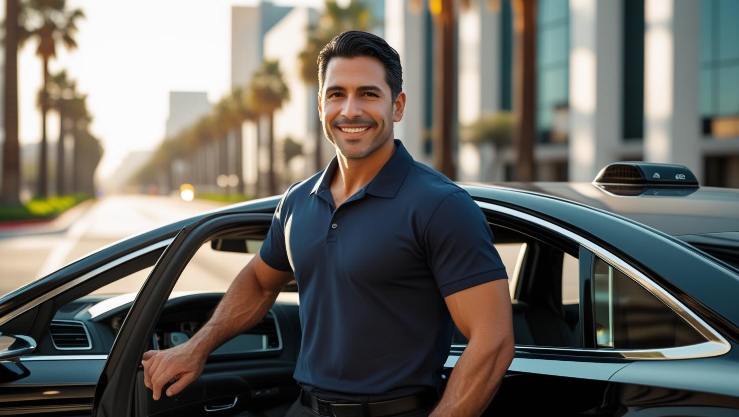 Conductor profesional de LA Taxi Dinastía junto a su vehículo limpio y moderno en Los Ángeles